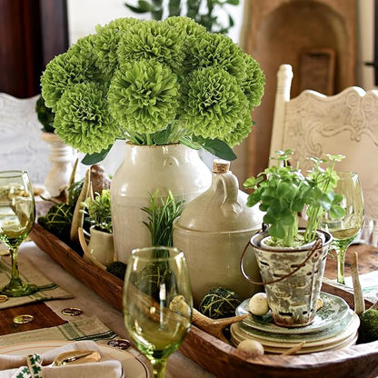 Hananona 12 Pcs Artificial Chrysanthemums Flowers Ball Flower, Fake Mums Flowers Green Silk Flowers for Home Decor Indoor Floral Arrangement St Patricks Day Table Centerpiece (12, Green)
