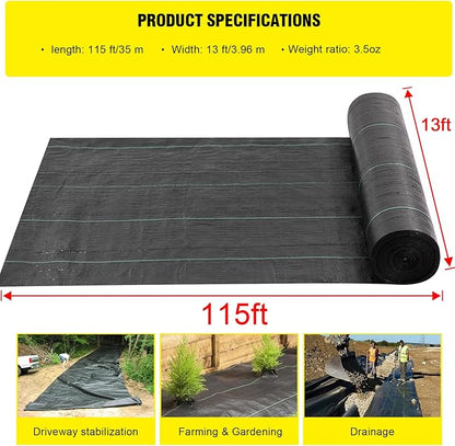 Doniks 13x115ft Driveway Fabric,3.5OZ Commercial Heavy Duty Weed Barrier Fabric, Garden Landscape Fabric,French Drain Fabric for Erosion Control,Landscape Fabric,Weed Barrier,Construction Projects