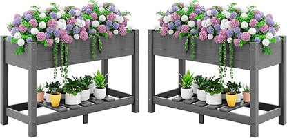 SERWALL Raised Garden Bed with Legs Set of 2, 43"×17"×30" Large HDPE Elevated Planter Box for Vegetables Flower Herb Patio, All Weather Use- Gray