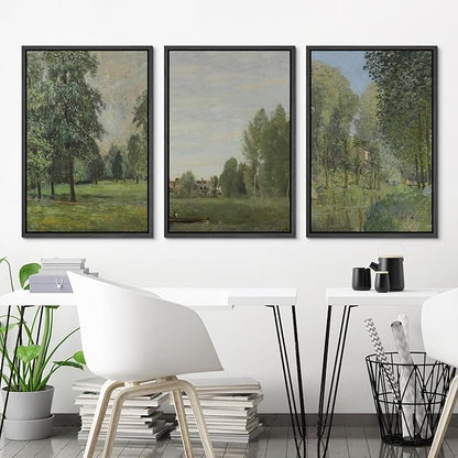 Ashbrook Framed Canvas Print Wall Art Set Fine Art Watercolor Emerald Green Forest Landscape Nature Wilderness Illustrations Floral Botanical Minimal Calm/Relax for Bedroom - 16"x24"x3 BLACK