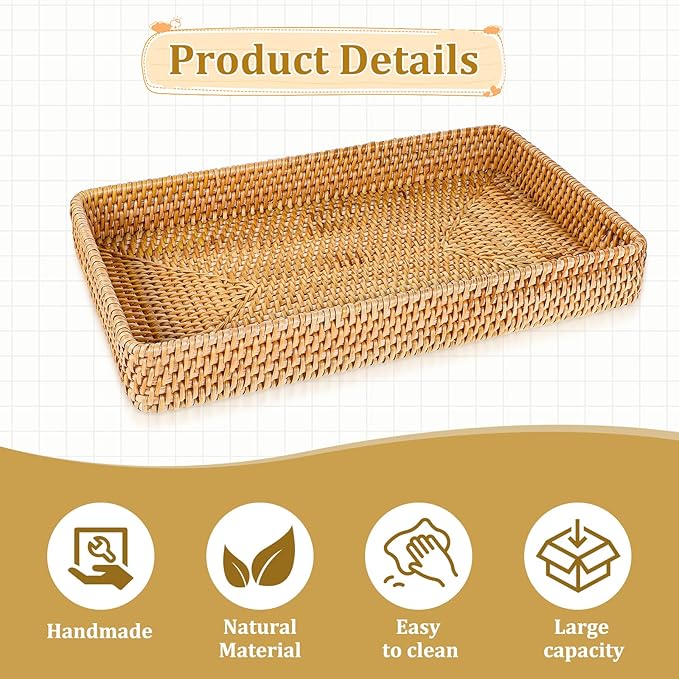 Wicker Storage Basket Rattan Tray Rectangular Wicker Basket Decorative Serving Tray Fruit Baskets Food Serving Holders Woven Baskets for Storage Home Kitchen Restaurant Decor (14.6 x 9 x 2 inches)
