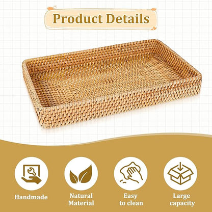 Wicker Storage Basket Rattan Tray Rectangular Wicker Basket Decorative Serving Tray Fruit Baskets Food Serving Holders Woven Baskets for Storage Home Kitchen Restaurant Decor (14.6 x 9 x 2 inches)