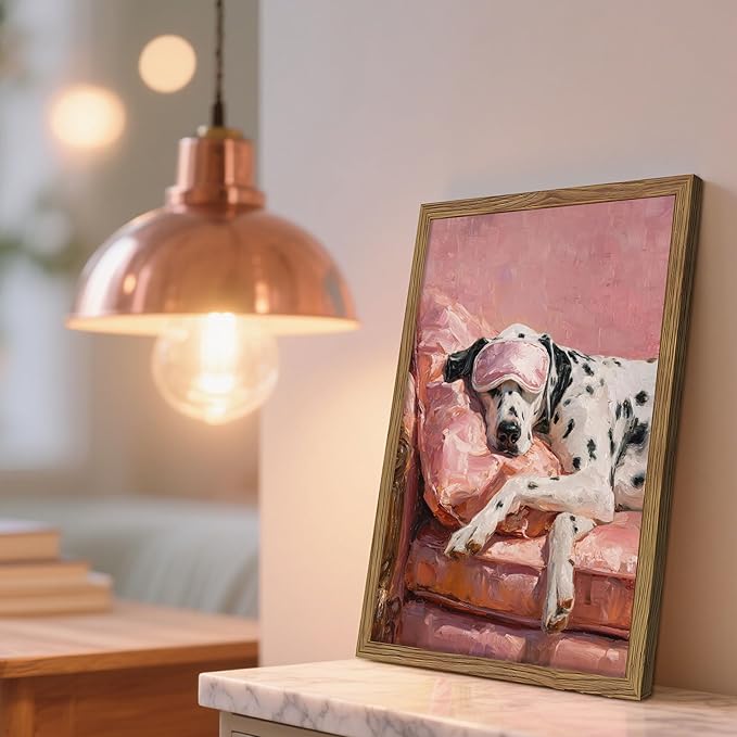 Vintage Framed Dalmatian Wall Art, Cute Dog Canvas Prints Home Decor, Pink Aesthetic Oil Painting, Dalmatian in Sleep Mask Picture Wall Decor for Bedroom Living Room Dormitory – 8x10 inch