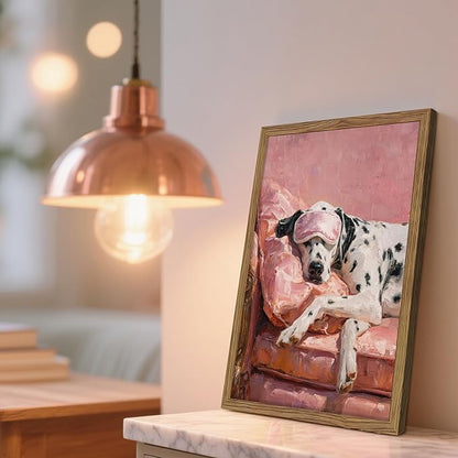 Vintage Framed Dalmatian Wall Art, Cute Dog Canvas Prints Home Decor, Pink Aesthetic Oil Painting, Dalmatian in Sleep Mask Picture Wall Decor for Bedroom Living Room Dormitory – 8x10 inch