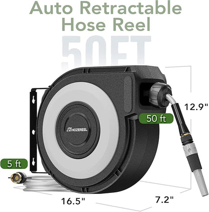 Wall Mount Retractable Garden Hose Reel, 50 ft, Automatic Self-Retracting, Metal Mounting Bracket, 1/2 Inch Hose Included