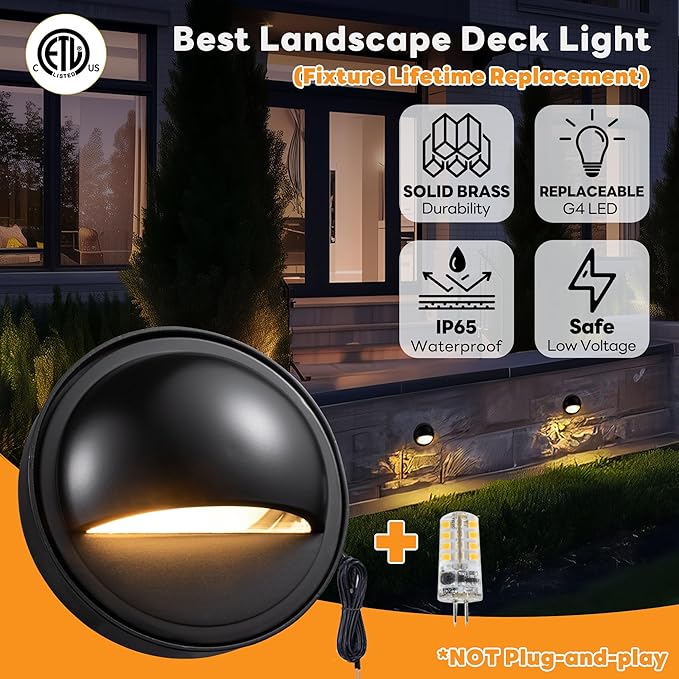 Gardenreet Low Voltage LED Deck Lights - Solid Brass Landscape Step Lights, Outdoor 12V Hardwired IP65 Waterproof, Black Round for Stair Patio Wall Yard with 2700K Warm White G4 Bulb 4 Pack