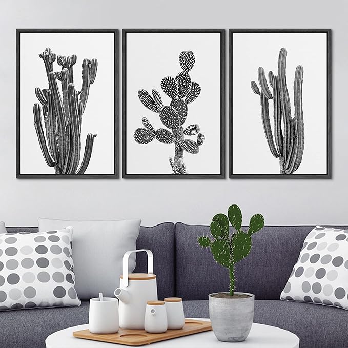 Ashbrook Framed Wall Art Print Set Black & White Southwest Desert Cactus Nature Floral Photography Modern Decorative Multicolor Relax/Calm for Living Room, Bedroom, Office - 16"x24"x3 Black