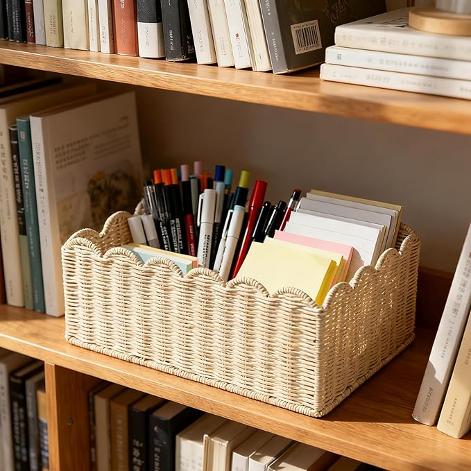 Scalloped Basket, Wicker Storage Baskets, Hand Woven Baskets for Shelves,Natural Baskets for Organizing (M-14" L x 10.5" W x 6" H-Rattan)