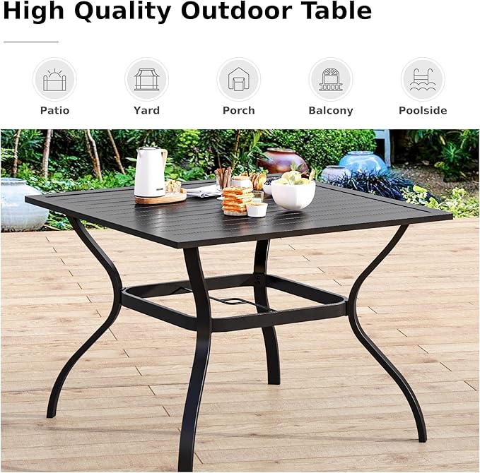 MFSTUDIO 5 PCS Metal Outdoor Patio Furniture Dining Set with 4 Metal Swivel Chairs and Square Dining Table with Umbrella Hole, Black