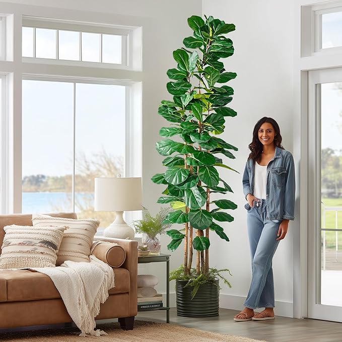 Large Fake Fiddle Leaf fig Trees Tall Artificial ficus Tree Indoor Outdoor Realistic Floor Plant Faux Plastic Plants Flowers for House Home Living Room Office Front Porch Modern Farmhouse Decor