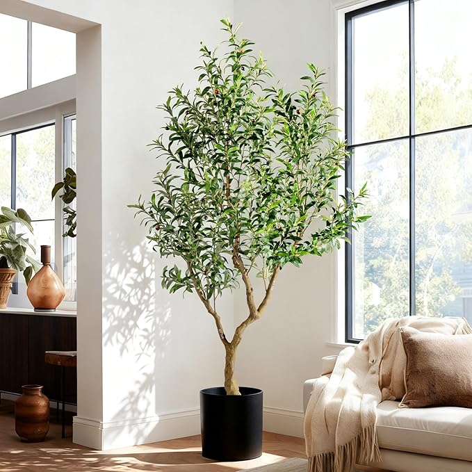 7FT Artificial Olive Tree Artificial Olive Plants, Tall Faux Olive Tree Faux Silk Plant Fake Plant Ultra-Realistic Silk Leaves & Natural Trunk Indoor Outdoor Use