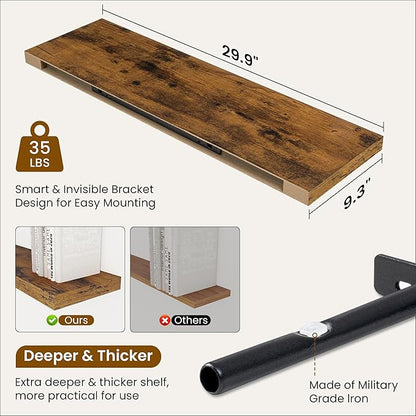 Fun Memories Floating Shelves for Wall, 30 Inch Rustic Wood Wall Mounted Shelves for Bathroom, Bedroom, Kitchen, Living Room, Deep Floating Shelves for Storage & Home Decor (Brown,Set of 2)