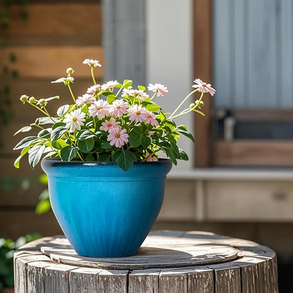 Worth Garden 8-Inch Dia. Round Blue Plastic Planters with Drain Holes, 5.9-Inch Height - 2-Pack Glossy Finish Bell-Shaped Plant Pot – Lightweight Indoor/Outdoor Flower Pots