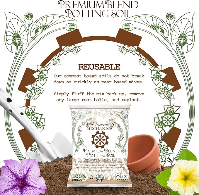 Organic Mechanics Premium Blend Potting Soil, 1 Cu Ft - Moisture-Retentive, Peat-Free, Compost - Enriched Mix with Worm Castings & Perlite for Houseplants, Annuals, Veggies & Tropical Plants