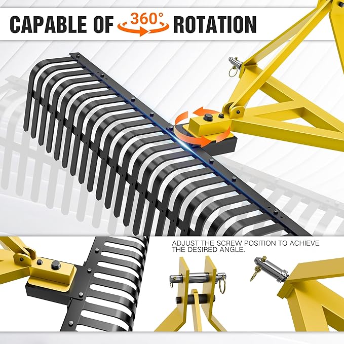 60" 3 Point Rock Rake for Tractors, Heavy-Duty Landscape Rake with 360° Rotation, Category 1 Hitch Attachment, Tow-Behind Pine Straw Harrow for Garden, Lawn Care, Farm, Black & Yellow