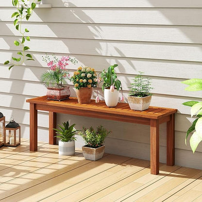 Tangkula Outdoor Wood Bench, 2-Person Backless Patio Garden Bench with Slatted Seat, Front Porch Dining Seating Furniture for Deck, Yard and Park (2)