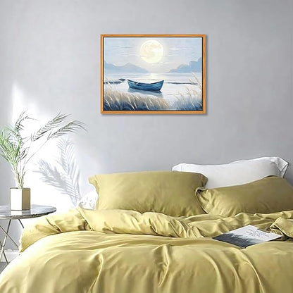 Floating Framed Coastal Bathroom Wall Art, Blue Beach Nautical Ocean Nature Canvas Picture, Blue Boat Moon Lake Mountain Sea Poster Print Painting, for Modern Home Bedroom Wall Decor 16x24 inch