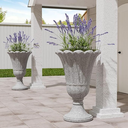 FONTOI 23" Tall Plastic Urn Planter (2-Pack) – Planters for Outdoor Plants with Drainage Holes & Petal Design, Heavy-Duty Classic Indoor Large Flower Pots for Home Garden, Front Porch & Decor, Grey