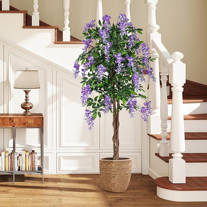 Goplus 5.5FT Ficus Artificial Tree, 2 Pack Faux Wisteria Tree in Nursery Pot with Blooming Flowers, Fake Potted Tree Greenery Floor Plant for Indoor Home Office Porch Living Room Decor