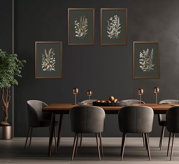 4Pcs Vintage Flowers And Plants Wall Art Dark Green Flower Painting Picture Flower Bouquet Wall Decor Minimalism Flowers Poster Print Artwork for Living Room Bedroom Home Decoration,Unframed