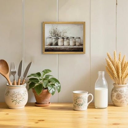 Vintage Kitchen Wall Decor, Dining Room Canvas Wall Art Painting, Retro Rustic Farm Poster Print Picture, Mason Jar Spice Still Life Art Oil Painting Home Decoration 12x16 Inch Wood Framed