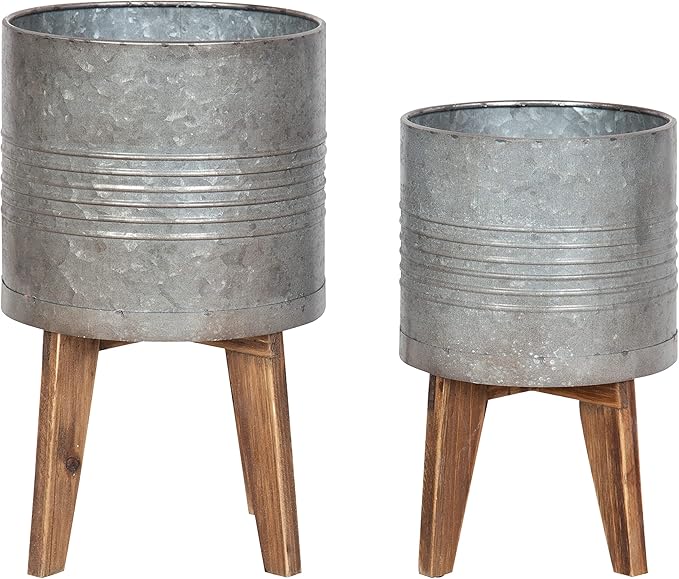Kate and Laurel Gavri Farmhouse Galvanized Metal and Wood Tabletop Planter Set, 2 Piece, Decorative Metal Planter Centerpiece for Table