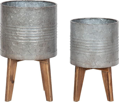 Kate and Laurel Gavri Farmhouse Galvanized Metal and Wood Tabletop Planter Set, 2 Piece, Decorative Metal Planter Centerpiece for Table