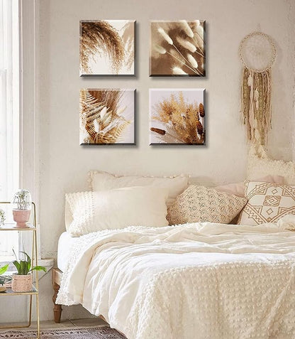 BLINFEIRU Boho Botanical Canvas Wall Art Prints Modern Neutral Fall Wall Decor Farmhouse Plant Dried Floral Grass Pictures for Bedroom Bathroom Decoration Home Living Room Artwork Framed 12"x12"x4