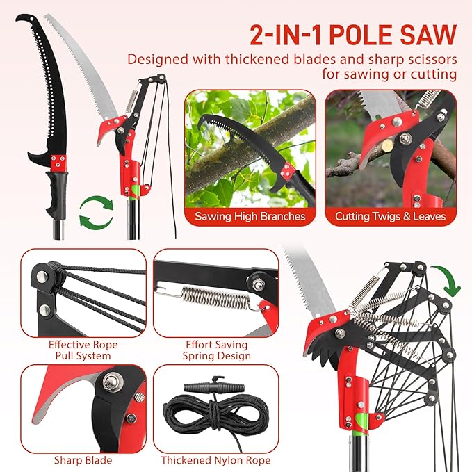 Outvita Manual Pole Saw, 26 Feet Extendable Tree Pruner with Knives and Storage Pocket, Sharp Steel Blade and Scissors High Branches Trimming for Pruning Palms and Shrubs（Orange）