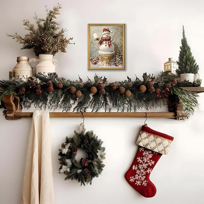 Vintage Snowman Christmas Wall Art, Cute Snowman Canvas Prints Poster, Winter Farmhouse Painting Artwork Picture, Rustic Holiday Christmas Wall Decor for Living Room Bathroom 8x10 Inch Framed
