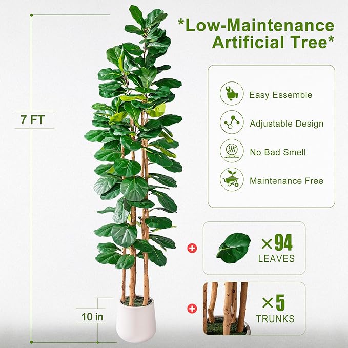 Large Fake Fiddle Leaf fig Trees Tall Artificial ficus Tree Indoor Outdoor Realistic Floor Plant Faux Plastic Plants Flowers for House Home Living Room Office Front Porch Modern Farmhouse Decor
