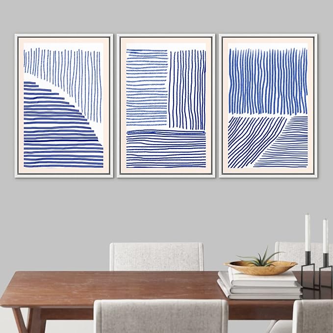 Ashbrook Framed Wall Art Print Set Navy Blue Geometric Color Block Lines Abstract Shapes Illustrations Modern Art Boho Scenic Colorful Chic for Living Room, Bedroom, Office - 24"x36"x3 White