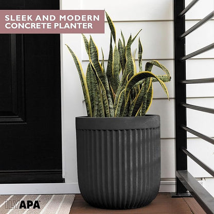 Ilyapa 14 Inch Large Fluted Modern Concrete Planter - 14x14 Inch Indoor Plant Pots with Drainage - Large Black Planters for Indoor/Outdoor Use