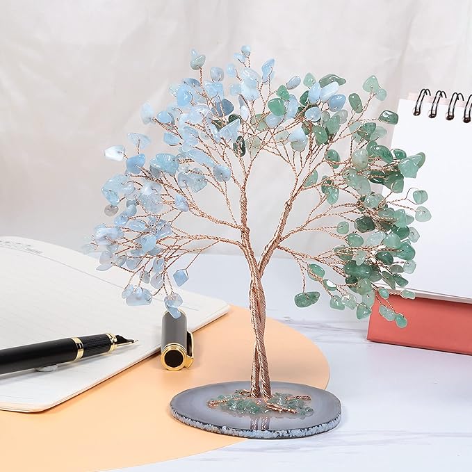 mookaitedecor Handmade Green Aventurine & Aquamarine Crystal Tree with Agate Slice Base, Bonsai Money Tree of Life for Wealth and Luck, Feng Shui Home Decor