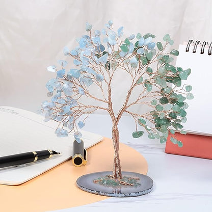 mookaitedecor Handmade Green Aventurine & Aquamarine Crystal Tree with Agate Slice Base, Bonsai Money Tree of Life for Wealth and Luck, Feng Shui Home Decor
