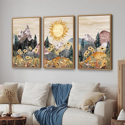 Rantodecor Boho Mountain Framed Canvas Wall Art, Western Daisy Floral Landscape Wall Decor, Rustic Fern Flowers Art Painting, Modern Fantasy Nature Sun Artwork for Bedroom Living Room Office 16"x24"x3