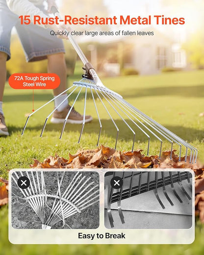 VEVOR Leaf Rake, 15 Metal Tines, Adjustable Garden Rake for Lawns with 7.5-22.4 Inch Wide Head & 32-63 Inch Long Handle, Heavy Duty Stainless Steel Small Leaves Tool for Gardening Camping Yard Grass