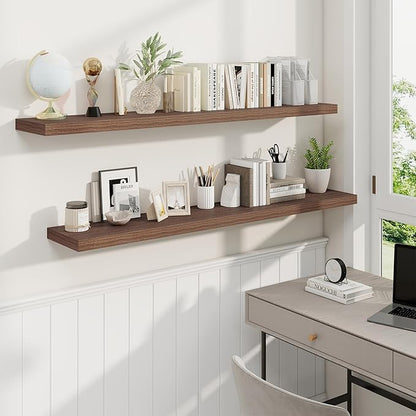 Fun Memories 55 Inch Fireplace Mantel Shelf -Long Floating Shelves, Deep Wall Mounted Farmhouse Display Shelves with Invisible Heavy Duty Metal Bracket, Walnut, 2 Pack
