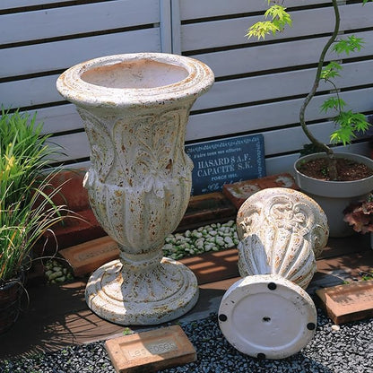 VISIBLE Vintage European Giant Garden Urn Planter, Decorative Cement and Fiber Flower Pot, Make Rust Finished, Wrap Foam Safely Delivered from Local Warehouse (Vintage, Large)