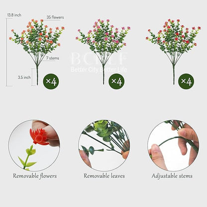 UV Resistant Artificial Flowers for Indoor and Outdoor Use, 12 Bundles Not-Fading Faux Plants for Porch, Patio, Garden, and Home Decoration - Orange Pink Red