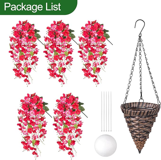 HyeFlora Artificial Fake Hanging Hibiscus Flower Baskets for Outdoor Decoration, Faux Silk Hibiscus Long Vines in Planter UV Resistant Realistic Flowers for Outside Porch Patio Home Decor, RedPink