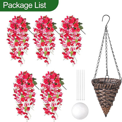 HyeFlora Artificial Fake Hanging Hibiscus Flower Baskets for Outdoor Decoration, Faux Silk Hibiscus Long Vines in Planter UV Resistant Realistic Flowers for Outside Porch Patio Home Decor, RedPink