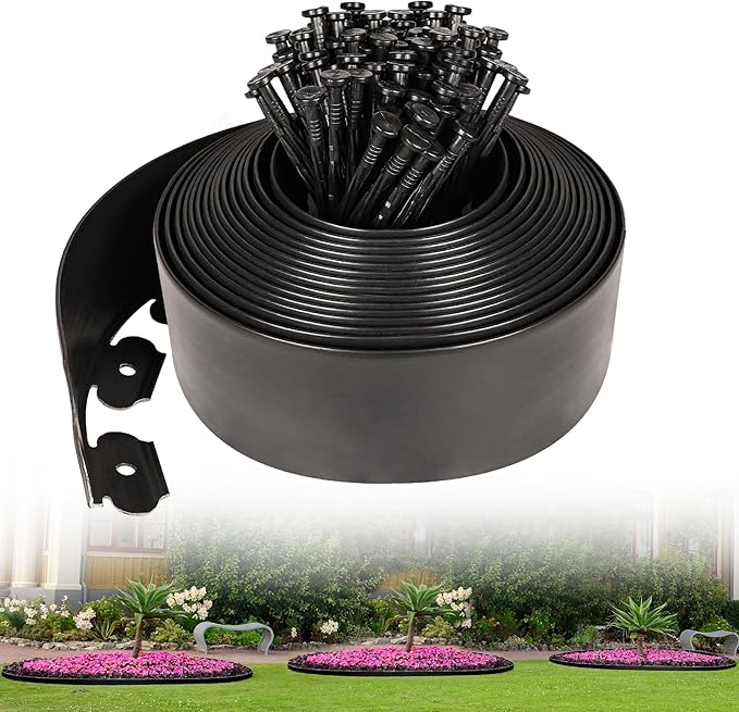 4 Inch Tall Garden Edging Border 33FT with 45pcs Spikes, Plastic Edging Border for Landscaping, Lawn, Garden, Flower Beds, Paver, Pathway
