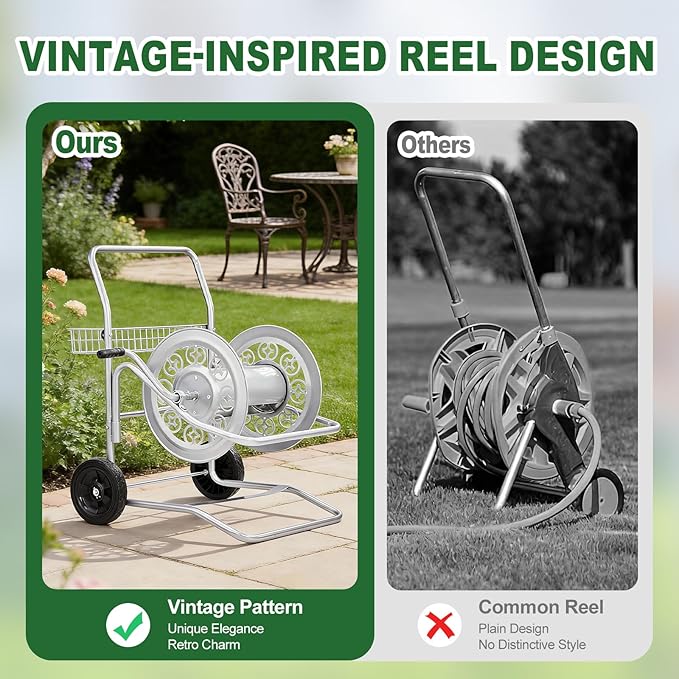 Outvita Hose Reel Cart, Hold up to 200 Ft of 5/8'', Garden Water Hose Reel Carts Mobile Tools with 2 Wheels, Heavy Duty Powder-coated with Storage Basket, for Garden, Yard, Lawn(Silver)