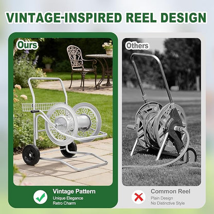 Outvita Hose Reel Cart, Hold up to 200 Ft of 5/8'', Garden Water Hose Reel Carts Mobile Tools with 2 Wheels, Heavy Duty Powder-coated with Storage Basket, for Garden, Yard, Lawn(Silver)