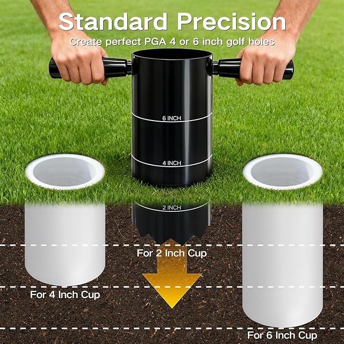 Portable Golf Hole Cutter with Detachable Handle, Stainless Steel Hole Digger, USGA Standard 2 Inch 4 Inch & 6 Inch, for Backyard, Lawn, Garden, Outdoor Putting Green Practice