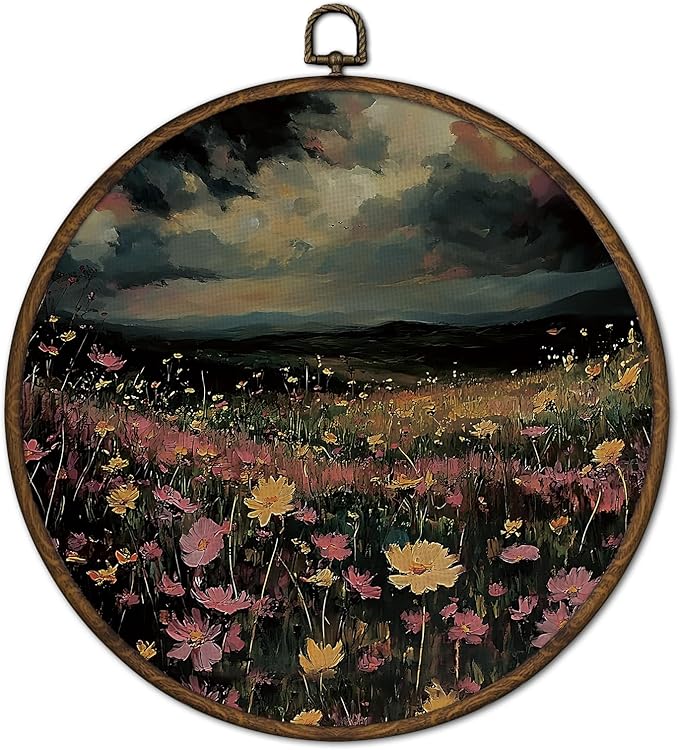 cvjutf Dark Academia Wildflower Wall Art Decor Framed, Vintage Moody Dark Cottagecore Floral Round Wall Decor, Rustic Country Flower Landscape Canvas Prints Art for Home Bedroom Living Room, 10x10In