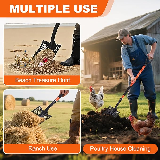 Detachable Sifting Shovel - 45 Inch Sand Sifter with Ergonomic D-Grip Handle for Beach, Garden & Farm Cleaning - Fiberglass Handle & Powder Coated Steel