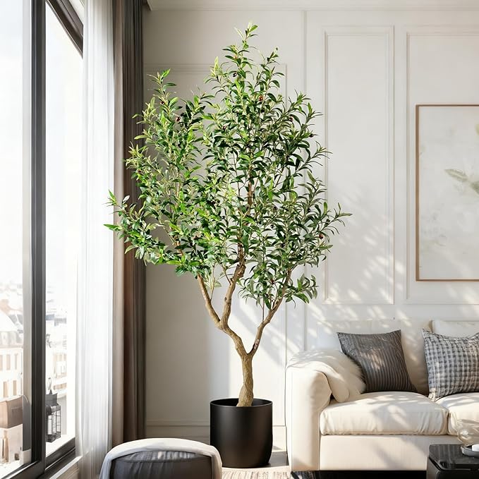 7FT Artificial Olive Tree Artificial Olive Plants, Tall Faux Olive Tree Faux Silk Plant Fake Plant Ultra-Realistic Silk Leaves & Natural Trunk Indoor Outdoor Use