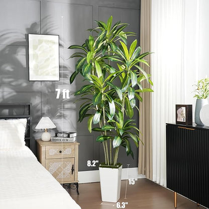 Dracaena Plant Artificial Tree 7Ft Tall Fake Tropical Floor Plants Potted (Real Touch) Artificial Silk Tree Leaf Faux Trees White Tall Planter for Home Office Living Room Indoor Outdoor Decor